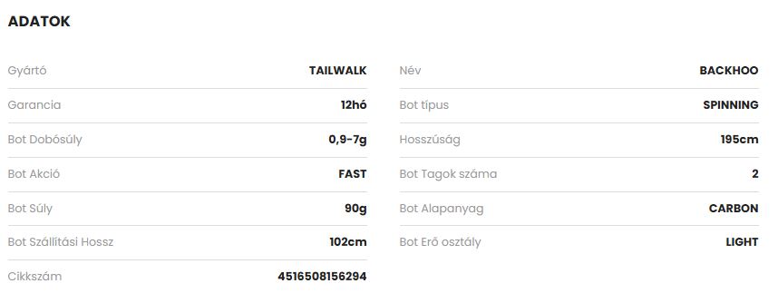 Tailwalk Backhoo Tres S642L pergetőbot adatok